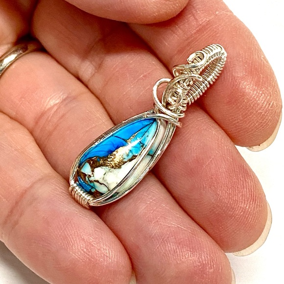 HANDCRAFTED Blue Dahlia Turquoise Composite Cabochon Hand Wrapped Pendant, Gift - Picture 2 of 10